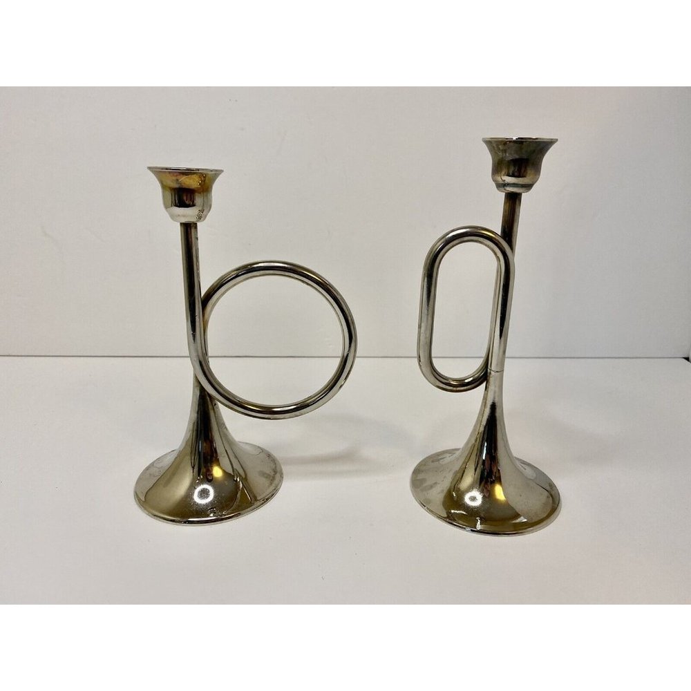 2 Vintage Silvestri Silver Colored Bugle Trumpet Instrument Candle Holders